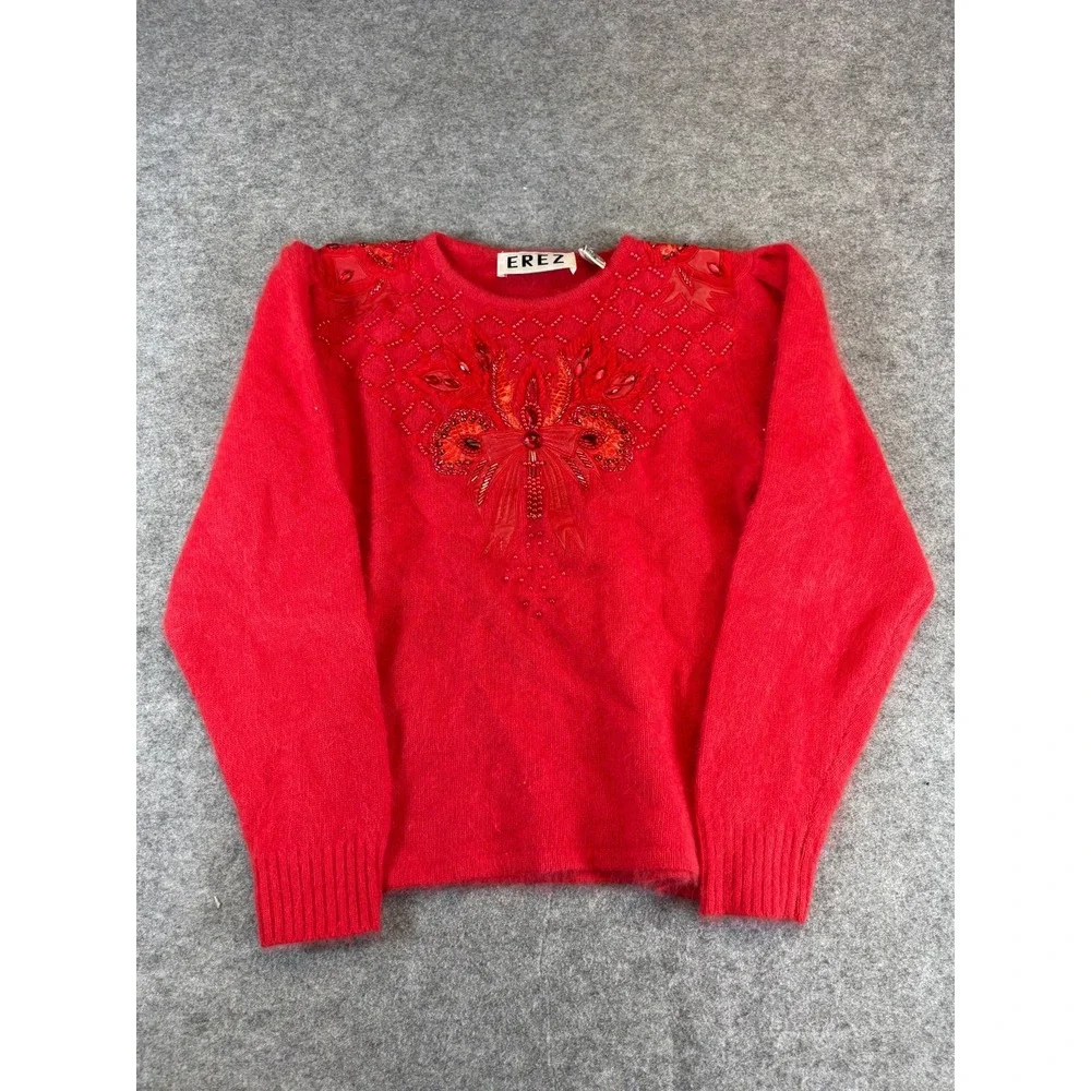 Vintage 80s Erez Beaded Butterfly Sweater Red Lambswool Angora Snakeskin Small